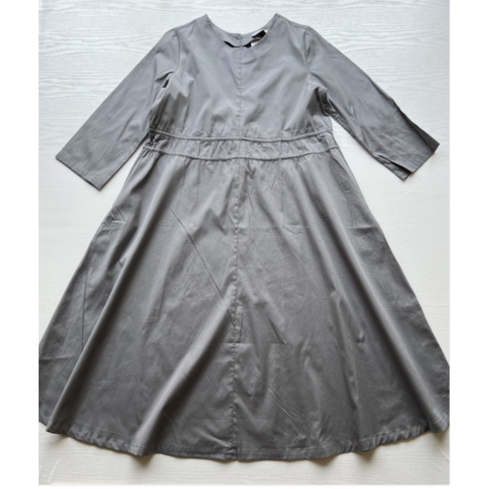 NWT Harshman 3/4 Sleeve A-Line Midi Dress Womens S Grey Cotton Drawstring Waist